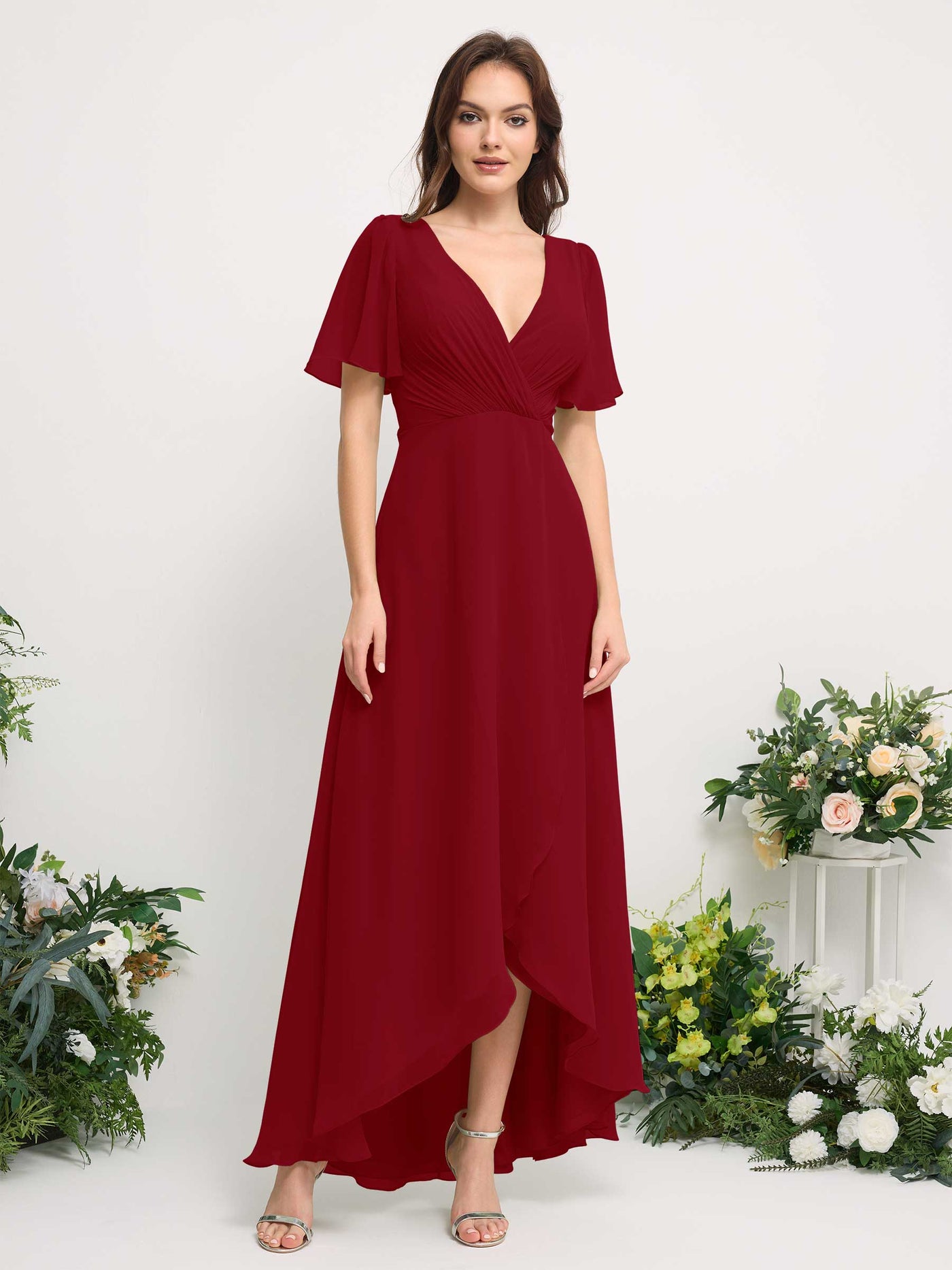 Carlyna Robe Trapèze Mousseline Col V Longueur ras du sol Robe de demoiselle d'honneur Rouille #couleur_rouille