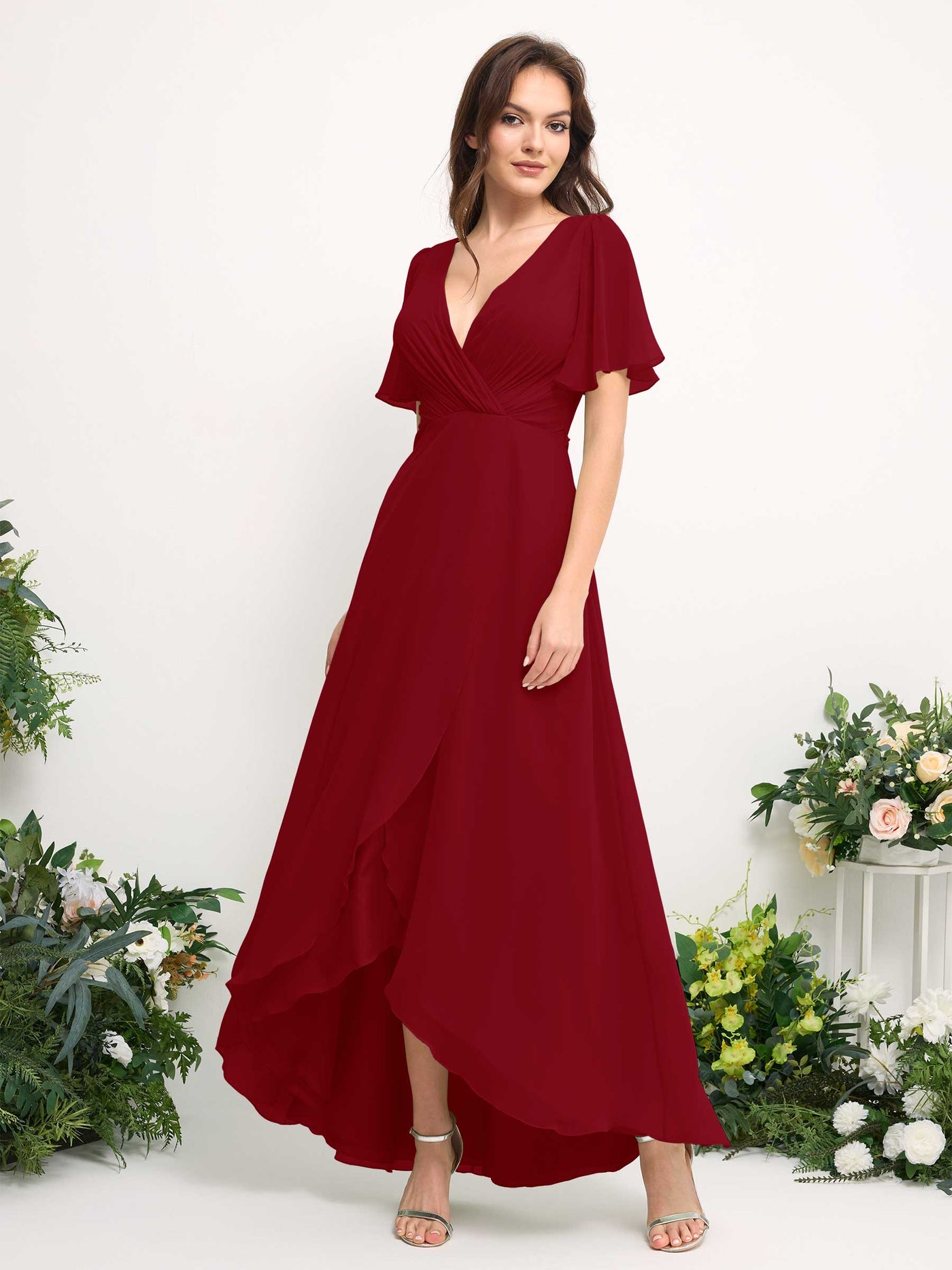 Carlyna Robe Trapèze Mousseline Col V Longueur ras du sol Robe de demoiselle d'honneur Rouille #couleur_rouille