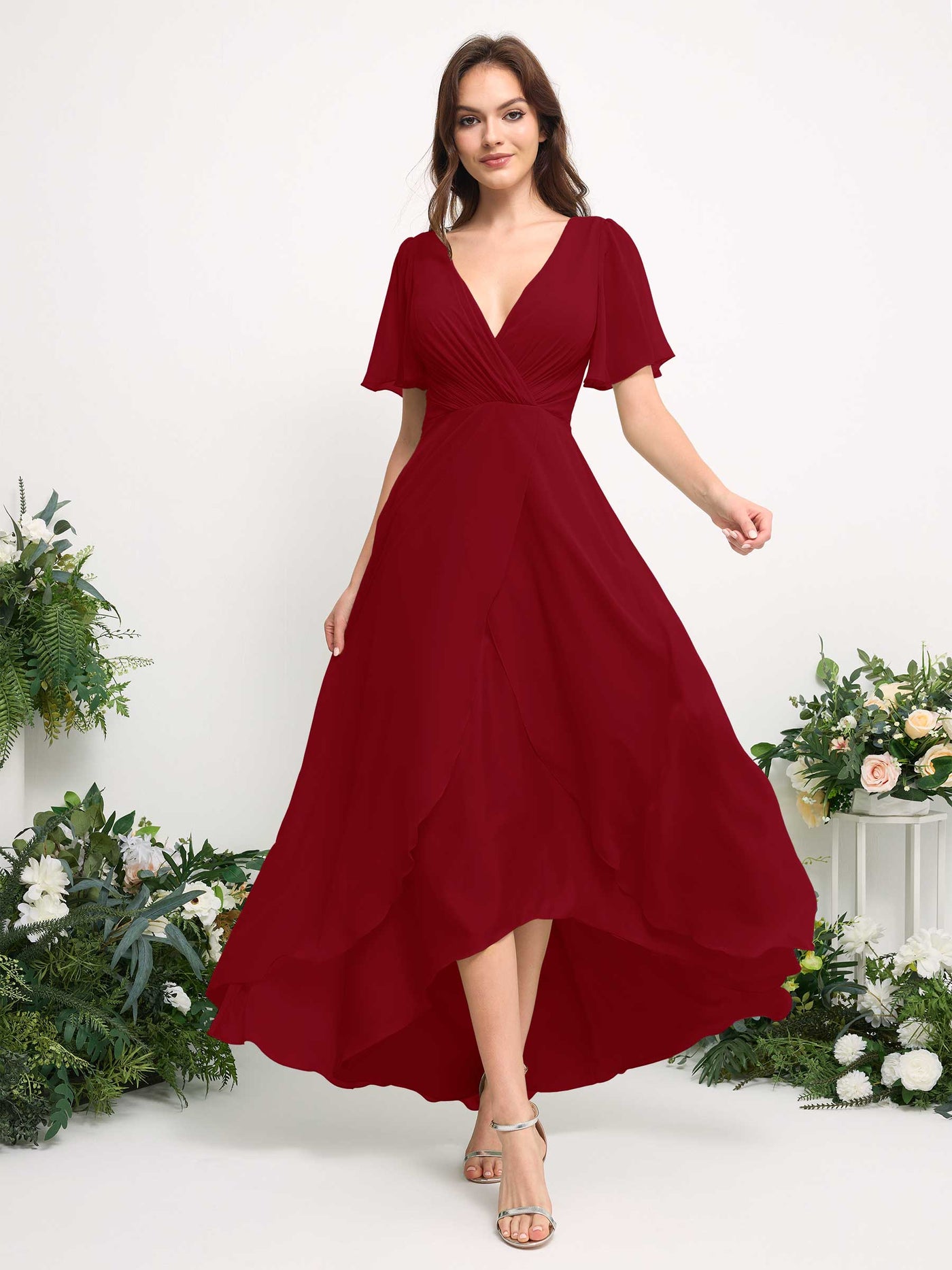 Carlyna Robe Trapèze Mousseline Col V Longueur ras du sol Robe de demoiselle d'honneur Rouille #couleur_rouille