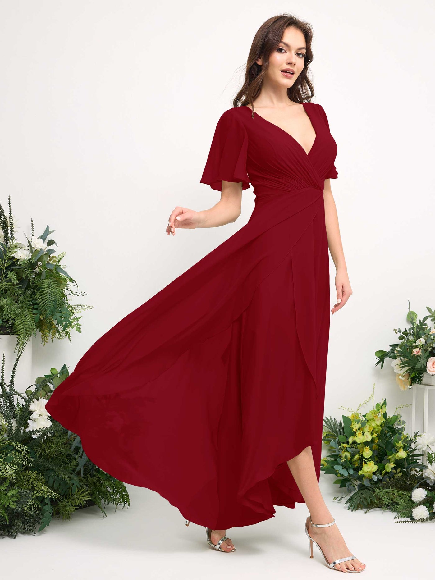 Carlyna Robe Trapèze Mousseline Col V Longueur ras du sol Robe de demoiselle d'honneur Rouille #couleur_rouille