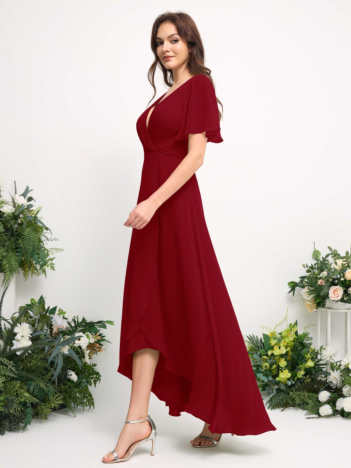 Carlyna Robe Trapèze Mousseline Col V Longueur ras du sol Robe de demoiselle d'honneur Rouille #couleur_rouille
