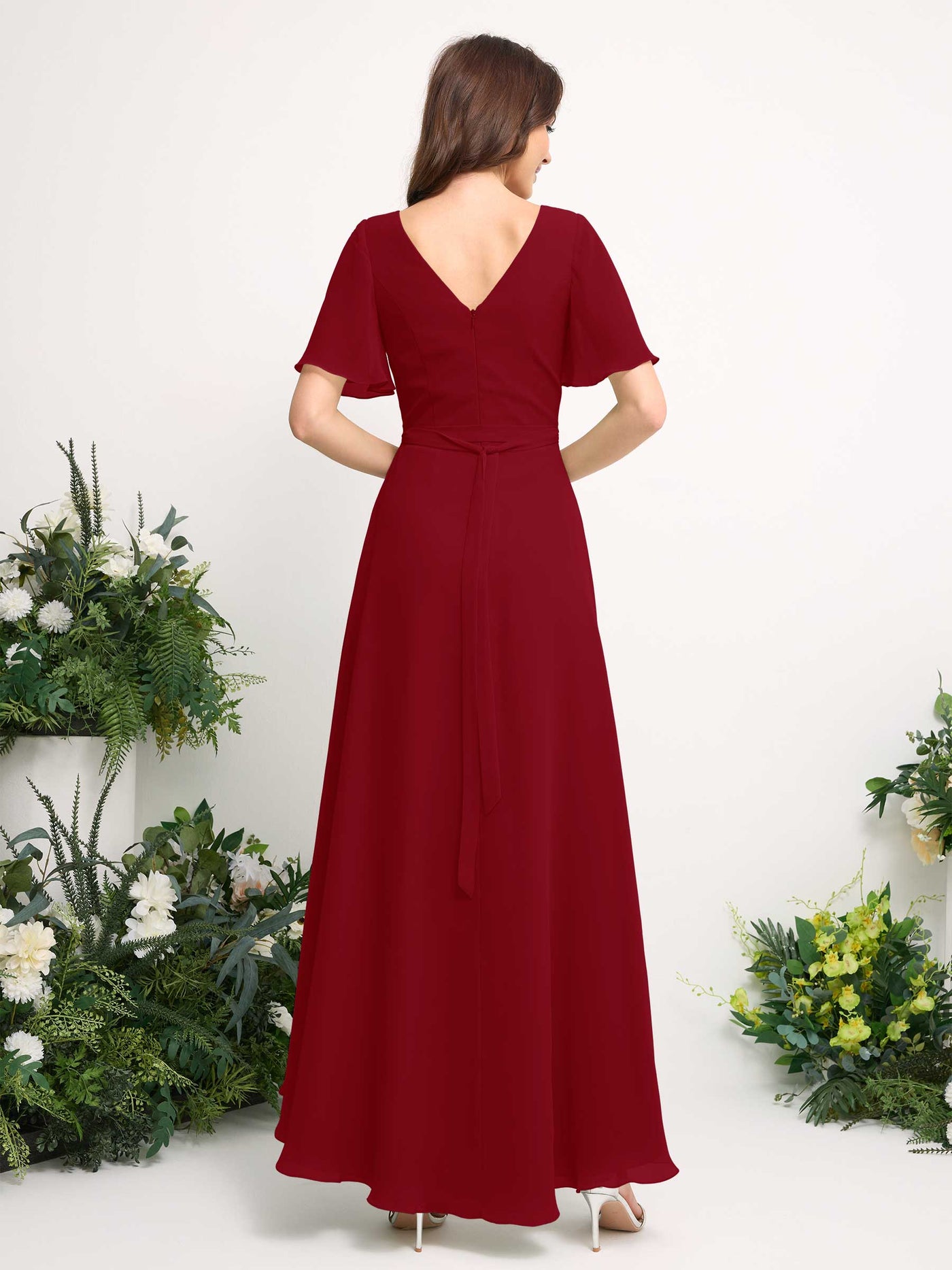 Carlyna Robe Trapèze Mousseline Col V Longueur ras du sol Robe de demoiselle d'honneur Rouille #couleur_rouille