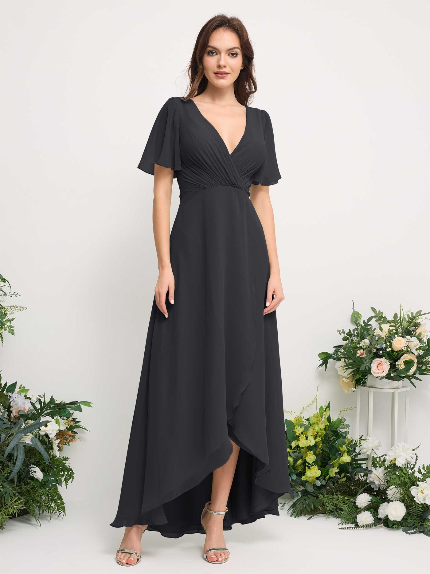 Carlyna Robe Trapèze Mousseline Col V Longueur ras du sol Robe de demoiselle d'honneur Étain #couleur_tain