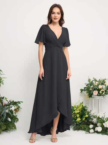 Carlyna Robe Trapèze Mousseline Col V Longueur ras du sol Robe de demoiselle d'honneur Étain #couleur_tain