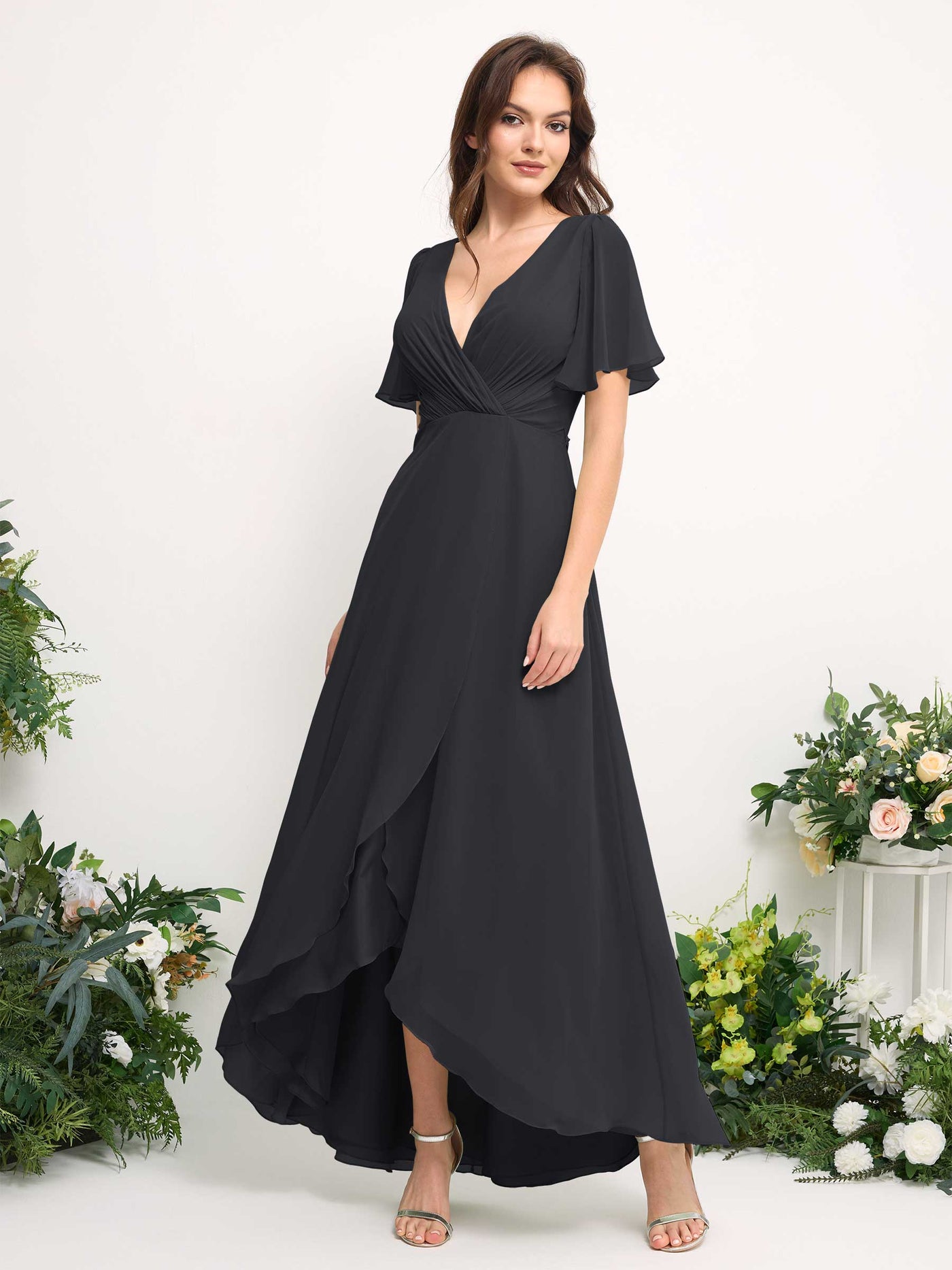 Carlyna Robe Trapèze Mousseline Col V Longueur ras du sol Robe de demoiselle d'honneur Étain #couleur_tain