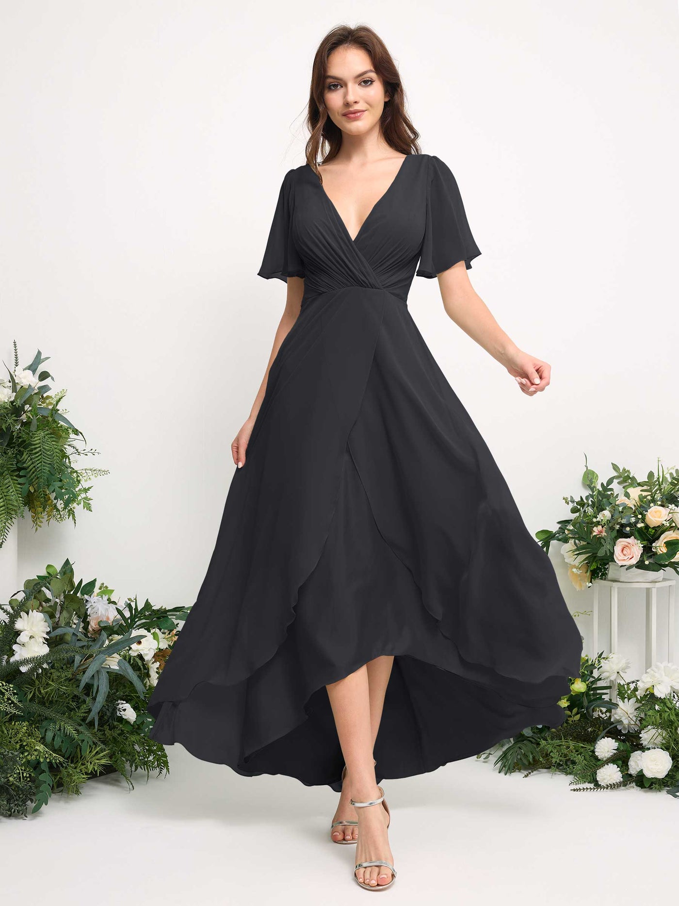 Carlyna Robe Trapèze Mousseline Col V Longueur ras du sol Robe de demoiselle d'honneur Étain #couleur_tain