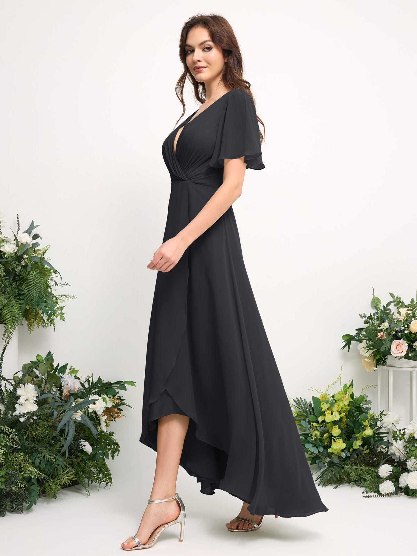 Carlyna Robe Trapèze Mousseline Col V Longueur ras du sol Robe de demoiselle d'honneur Étain #couleur_tain