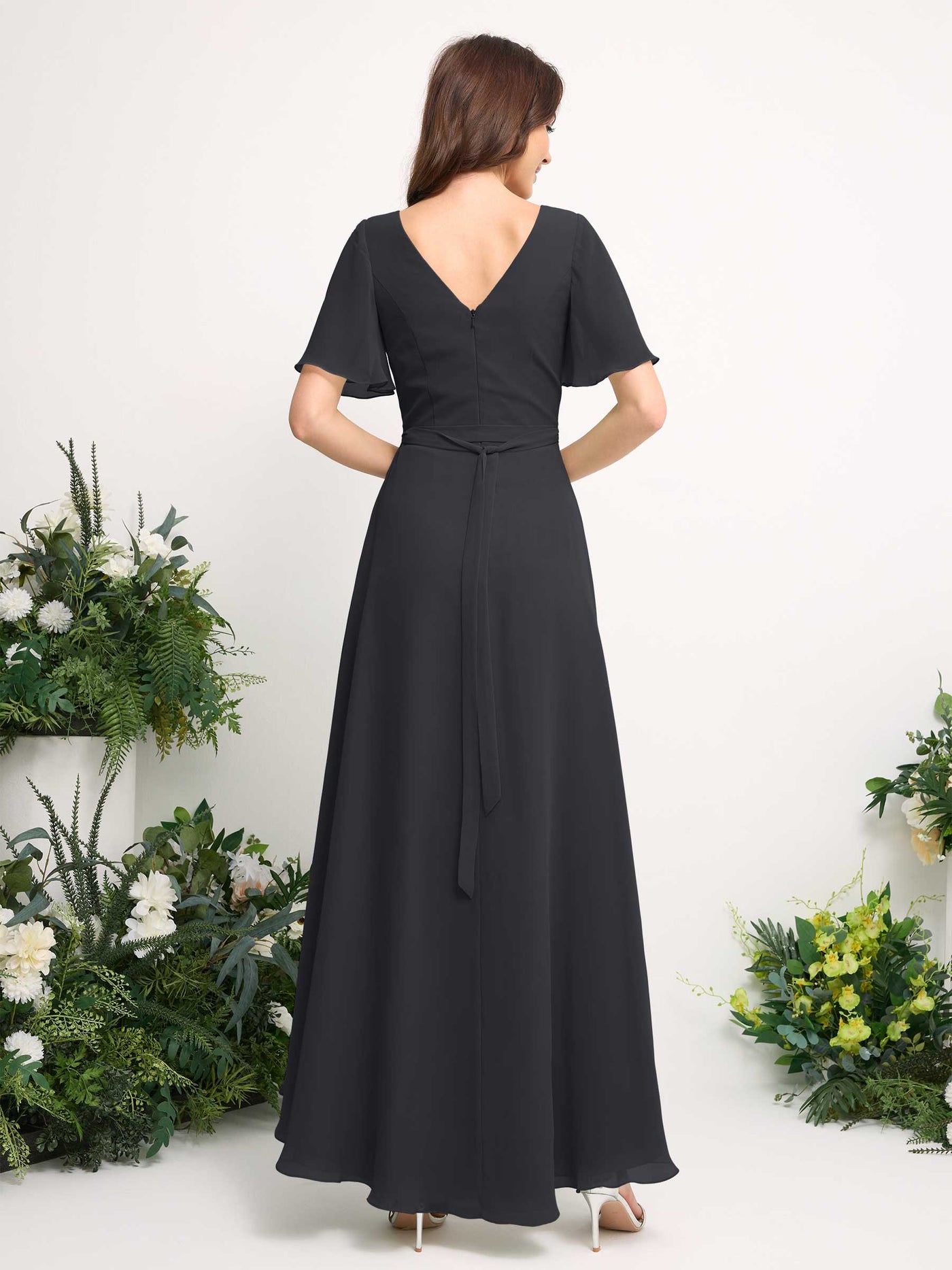Carlyna Robe Trapèze Mousseline Col V Longueur ras du sol Robe de demoiselle d'honneur Étain #couleur_tain
