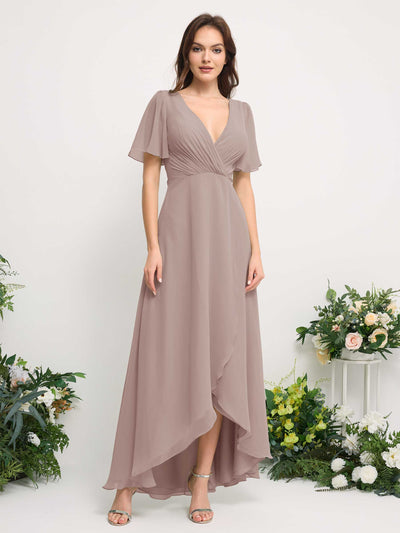 Carlyna Robe Trapèze Mousseline Col V Longueur ras du sol Robe de demoiselle d'honneur Taupe #couleur_taupe