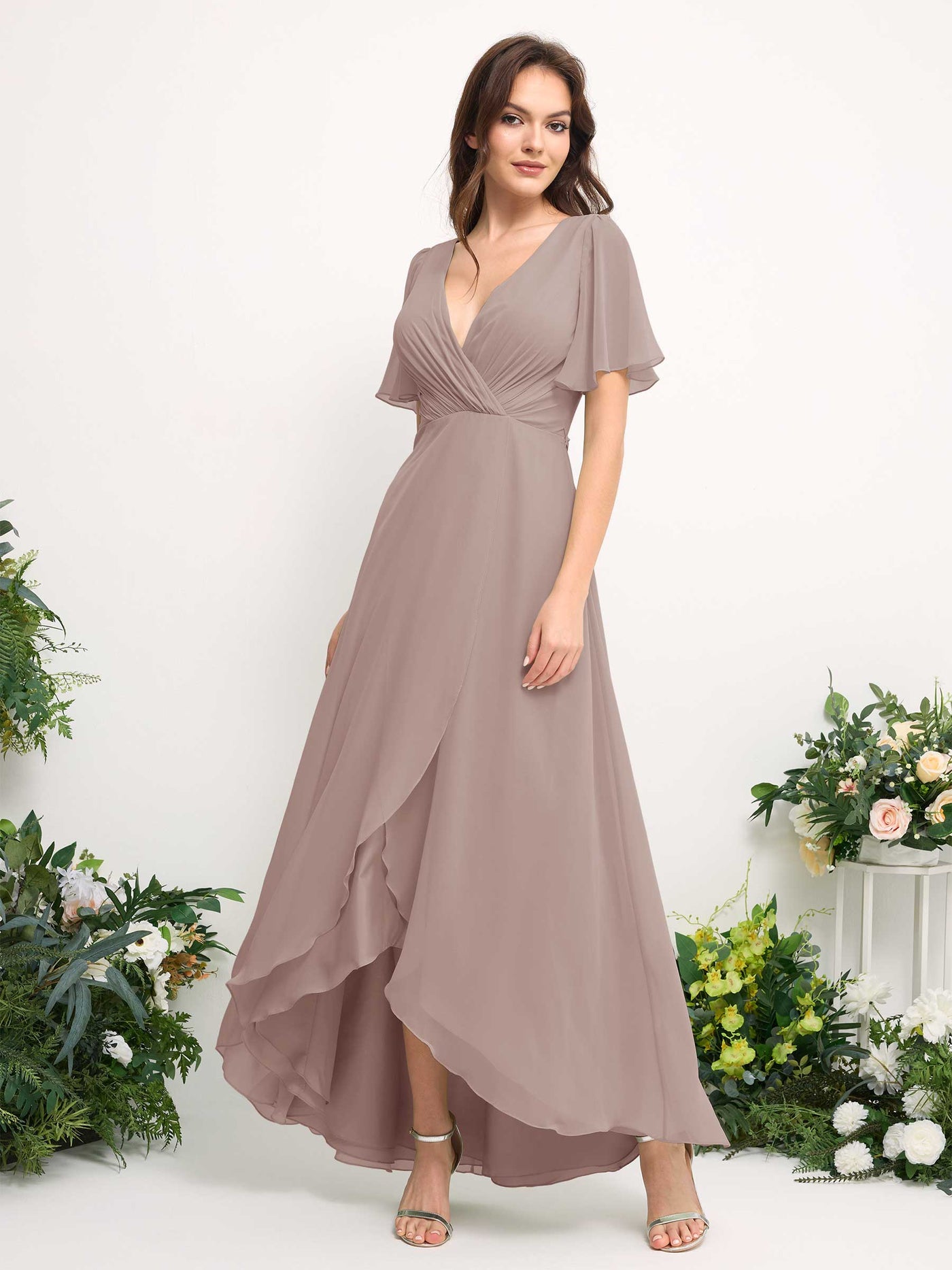 Carlyna Robe Trapèze Mousseline Col V Longueur ras du sol Robe de demoiselle d'honneur Taupe #couleur_taupe