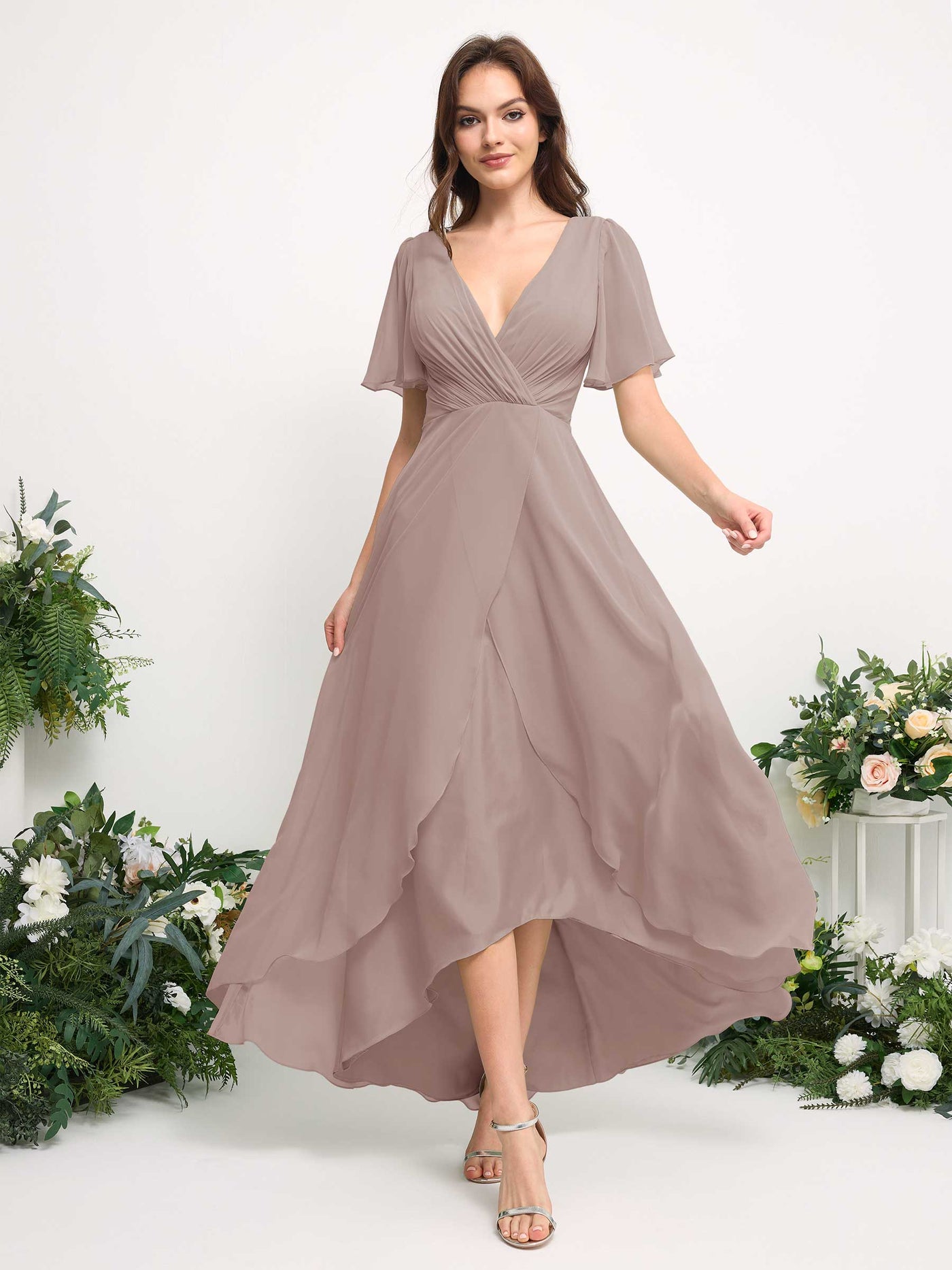 Carlyna Robe Trapèze Mousseline Col V Longueur ras du sol Robe de demoiselle d'honneur Taupe #couleur_taupe