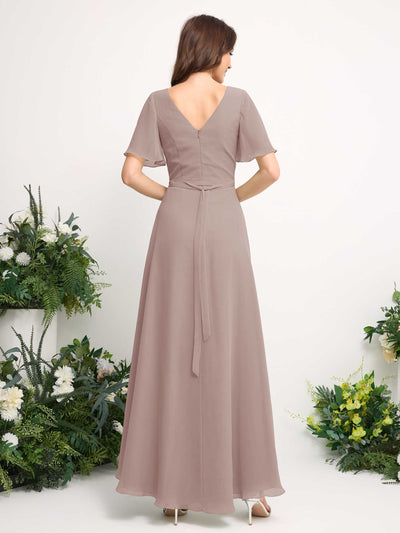 Carlyna Robe Trapèze Mousseline Col V Longueur ras du sol Robe de demoiselle d'honneur Taupe #couleur_taupe