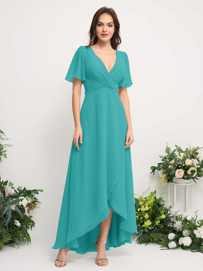 Carlyna Robe Trapèze Mousseline Col V Longueur ras du sol Robe de demoiselle d'honneur Turquoise #couleur_turquoise