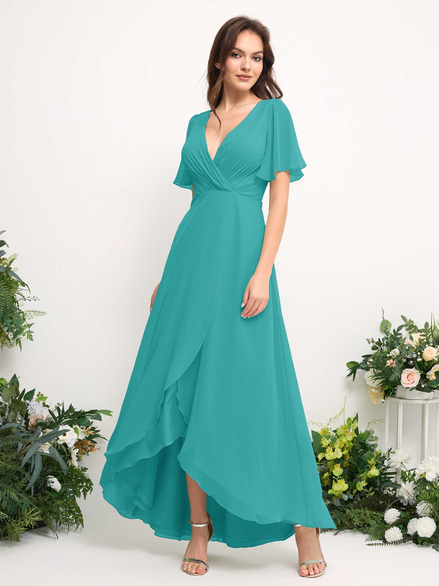 Carlyna Robe Trapèze Mousseline Col V Longueur ras du sol Robe de demoiselle d'honneur Turquoise #couleur_turquoise