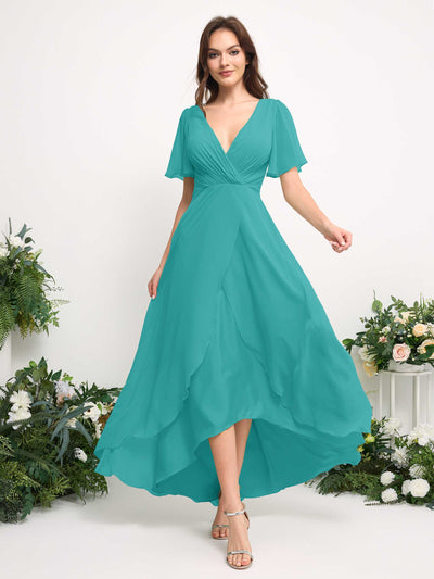 Carlyna Robe Trapèze Mousseline Col V Longueur ras du sol Robe de demoiselle d'honneur Turquoise #couleur_turquoise