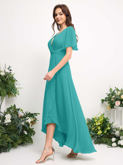 Carlyna Robe Trapèze Mousseline Col V Longueur ras du sol Robe de demoiselle d'honneur Turquoise #couleur_turquoise