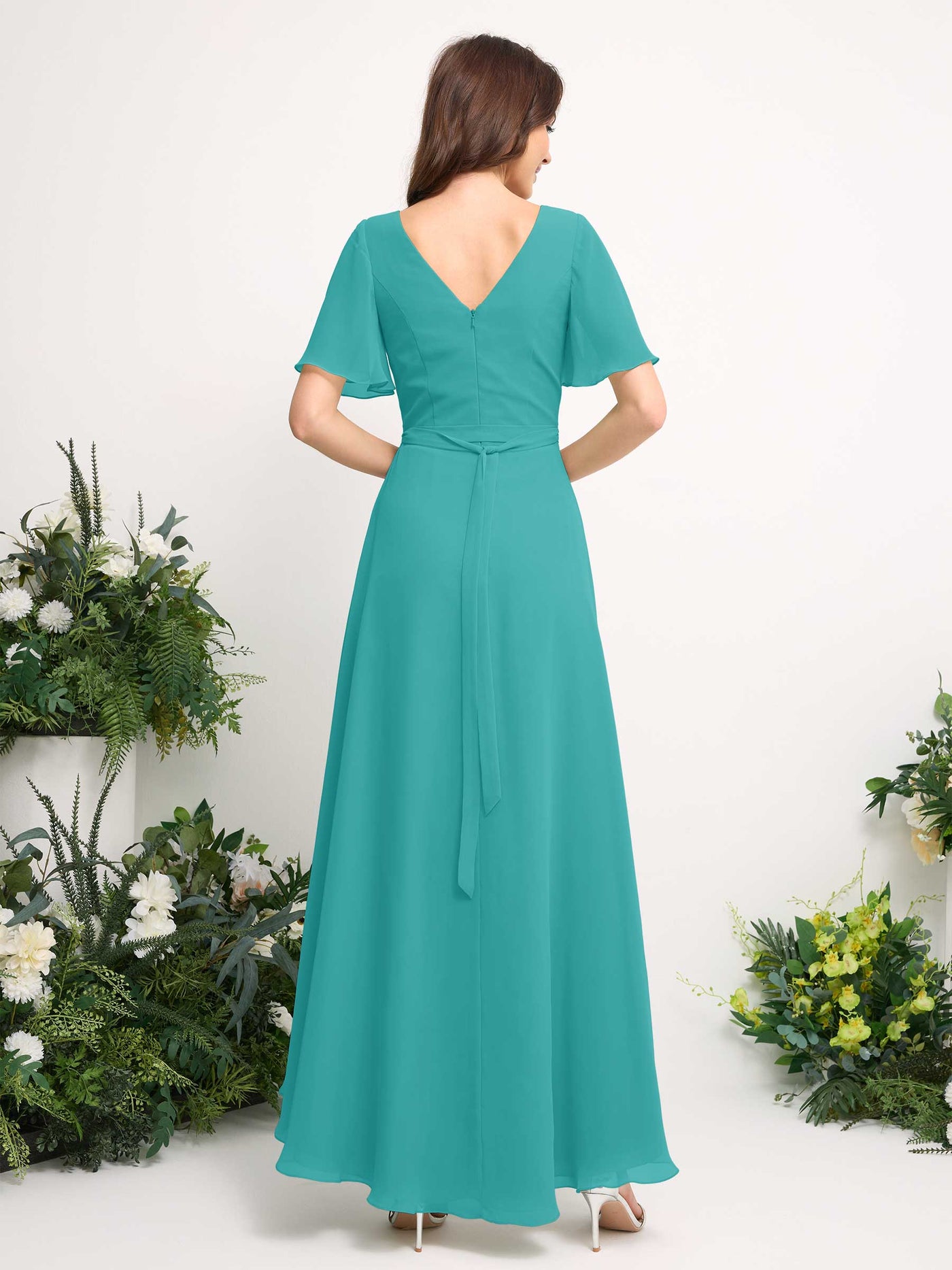 Carlyna Robe Trapèze Mousseline Col V Longueur ras du sol Robe de demoiselle d'honneur Turquoise #couleur_turquoise