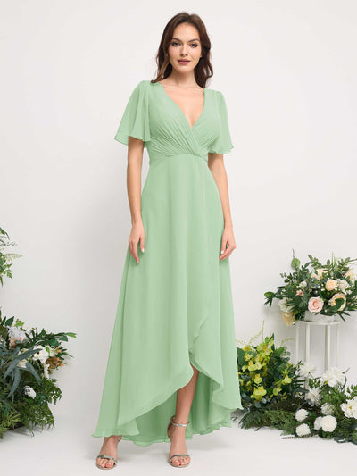 Carlyna Robe Trapèze Mousseline Col V Longueur ras du sol Robe de demoiselle d'honneur Vert Menthe #couleur_vert-menthe