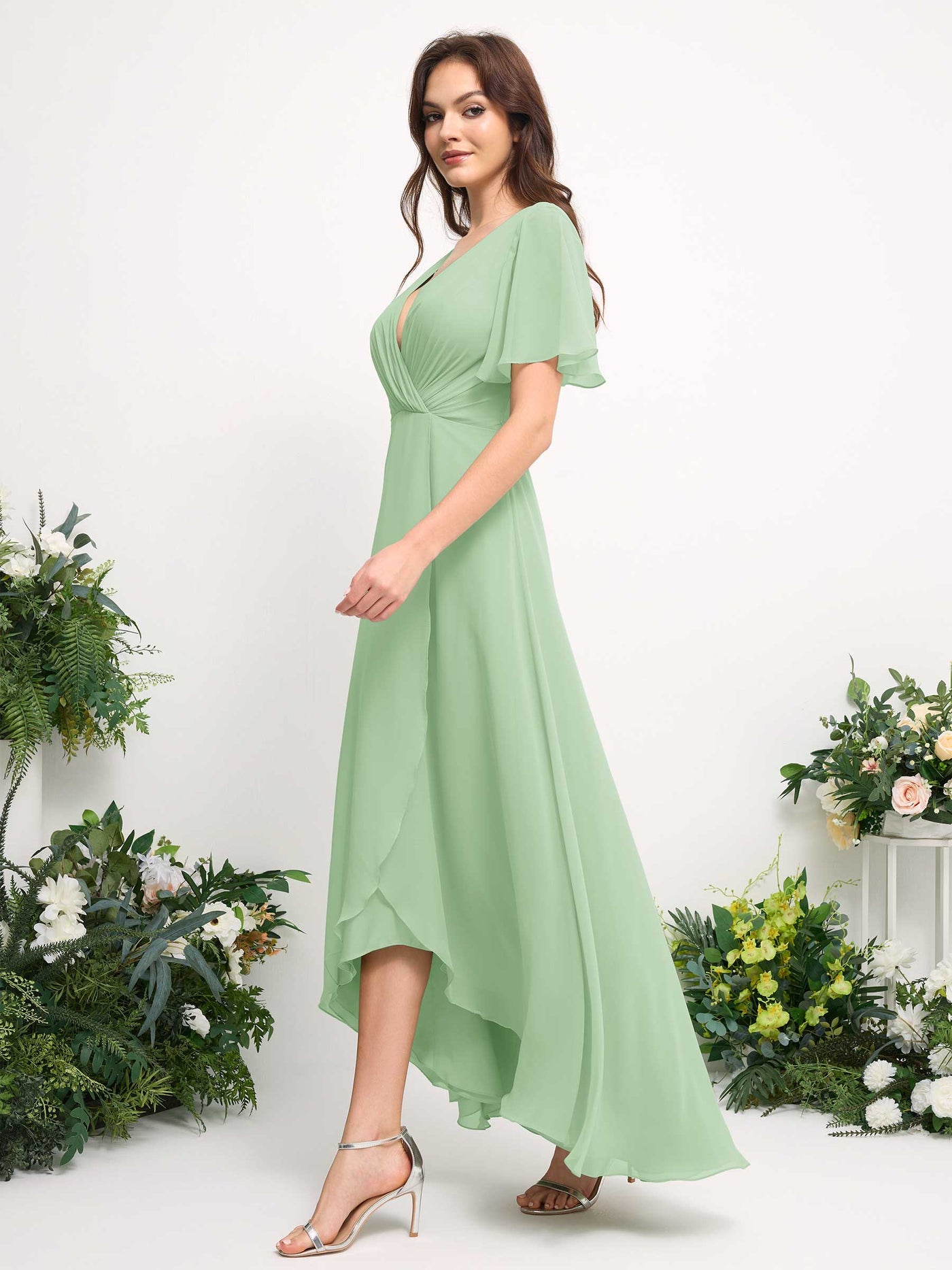 Carlyna Robe Trapèze Mousseline Col V Longueur ras du sol Robe de demoiselle d'honneur Vert Menthe #couleur_vert-menthe