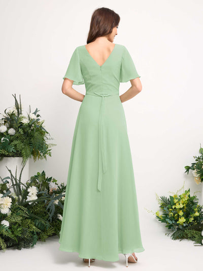 Carlyna Robe Trapèze Mousseline Col V Longueur ras du sol Robe de demoiselle d'honneur Vert Menthe #couleur_vert-menthe
