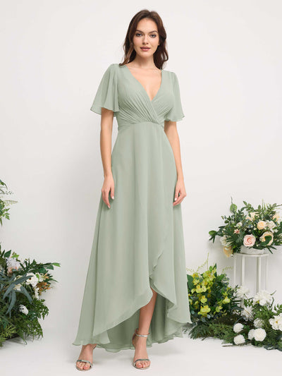 Carlyna Robe Trapèze Mousseline Col V Longueur ras du sol Robe de demoiselle d'honneur Vert Sauge Foncé #couleur_vert-sauge-fonc