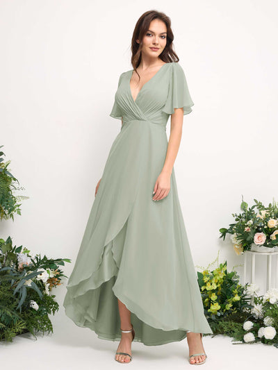 Carlyna Robe Trapèze Mousseline Col V Longueur ras du sol Robe de demoiselle d'honneur Vert Sauge Foncé #couleur_vert-sauge-fonc