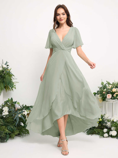 Carlyna Robe Trapèze Mousseline Col V Longueur ras du sol Robe de demoiselle d'honneur Vert Sauge Foncé #couleur_vert-sauge-fonc