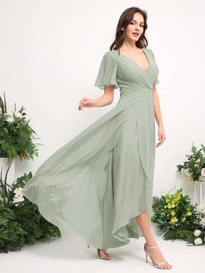 Carlyna Robe Trapèze Mousseline Col V Longueur ras du sol Robe de demoiselle d'honneur Vert Sauge Foncé #couleur_vert-sauge-fonc