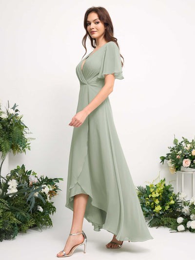 Carlyna Robe Trapèze Mousseline Col V Longueur ras du sol Robe de demoiselle d'honneur Vert Sauge Foncé #couleur_vert-sauge-fonc