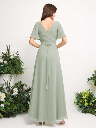 Carlyna Robe Trapèze Mousseline Col V Longueur ras du sol Robe de demoiselle d'honneur Vert Sauge Foncé #couleur_vert-sauge-fonc