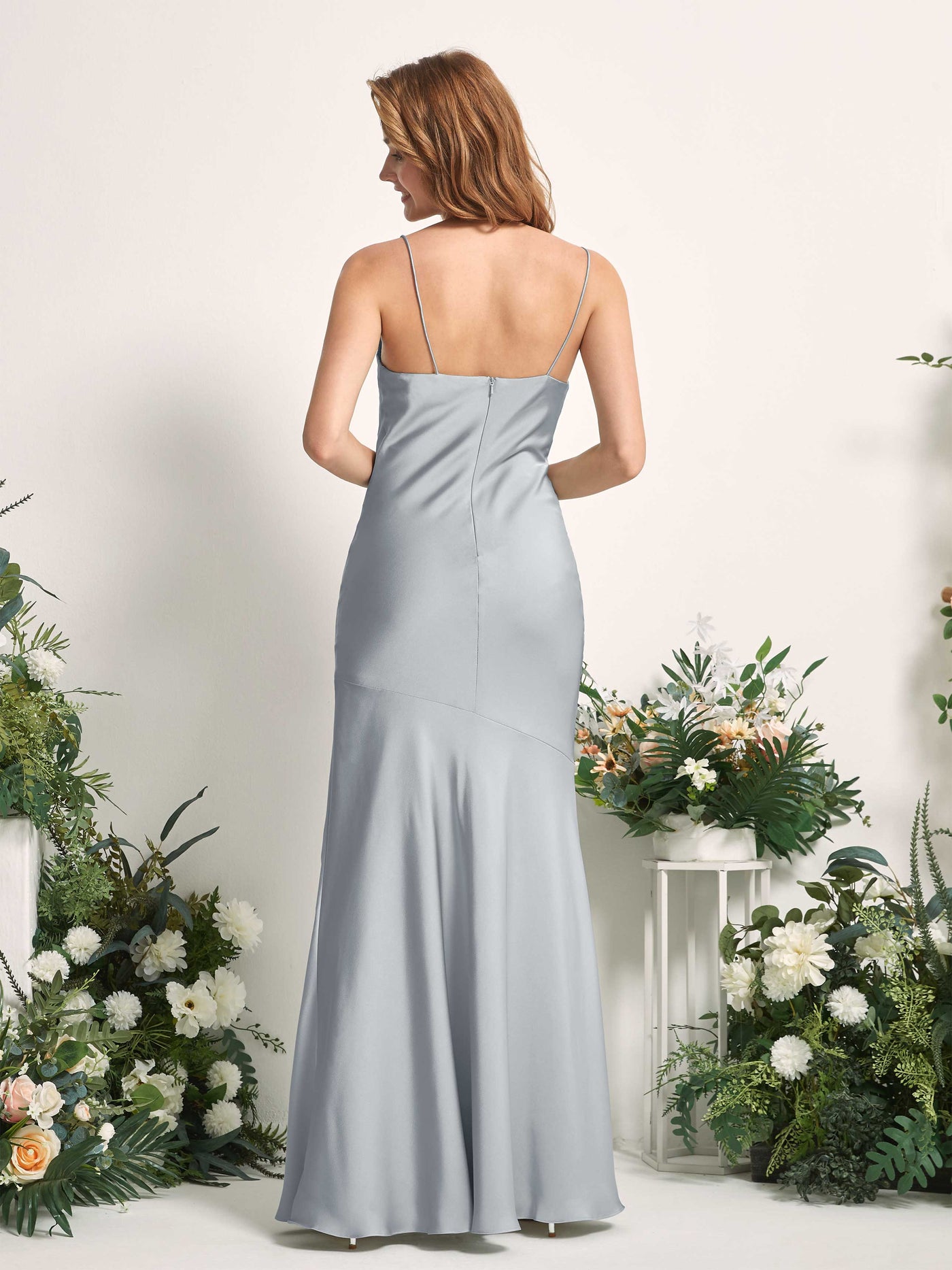Carlyna Sirène col bénitier longueur ras du sol fente sur la jambe satin robes de demoiselle d'honneur Bleu Bébé #couleur_bleu-b-b