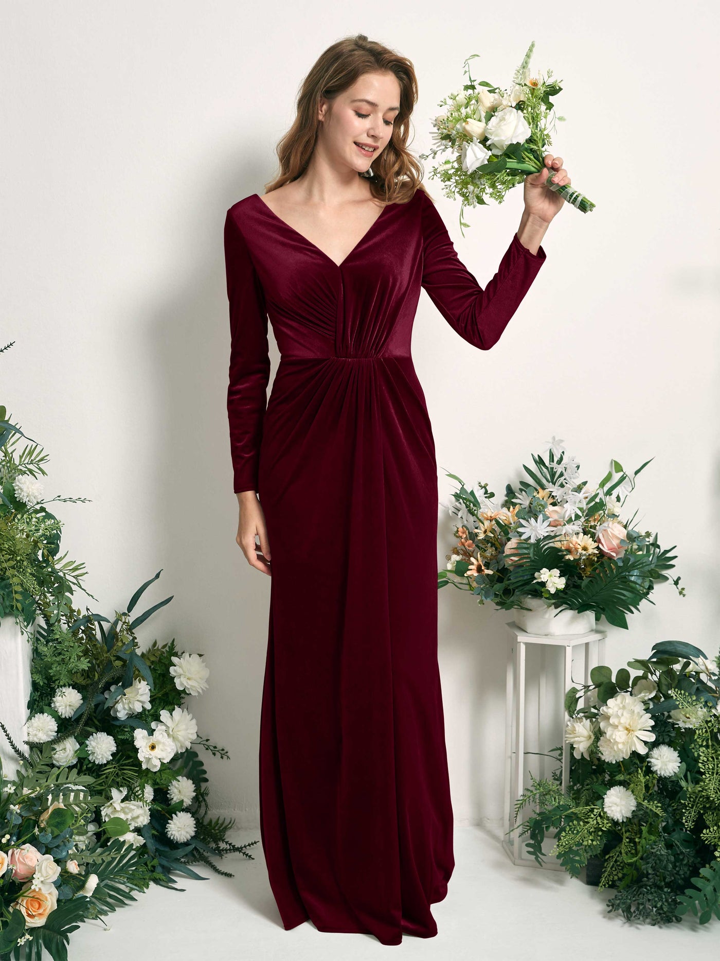 Carlyna Sirène Col V Manches Longues Robe Froncée Longueur Ras du Sol Bordeaux #couleur_bordeaux