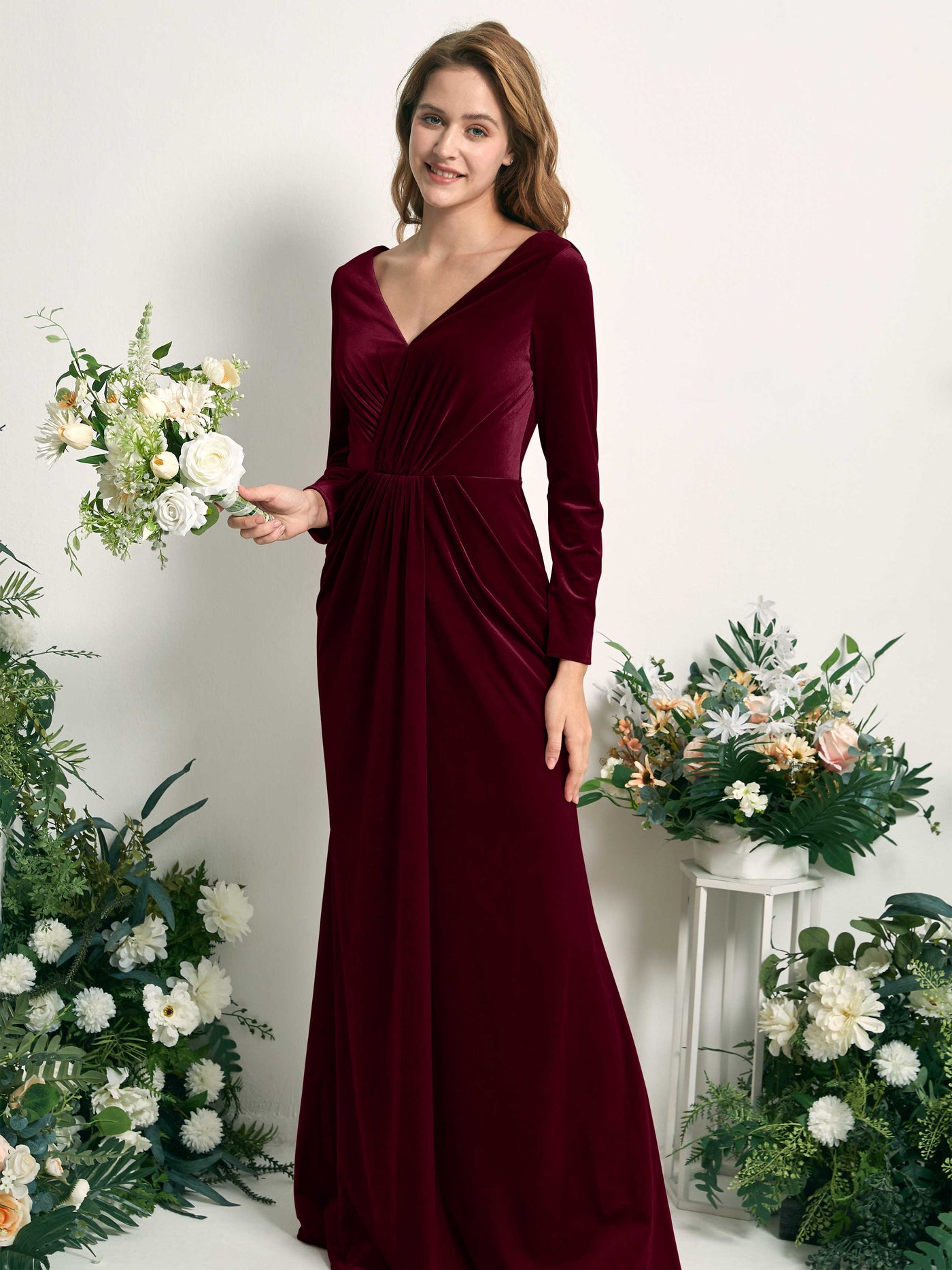 Carlyna Sirène Col V Manches Longues Robe Froncée Longueur Ras du Sol Bordeaux #couleur_bordeaux