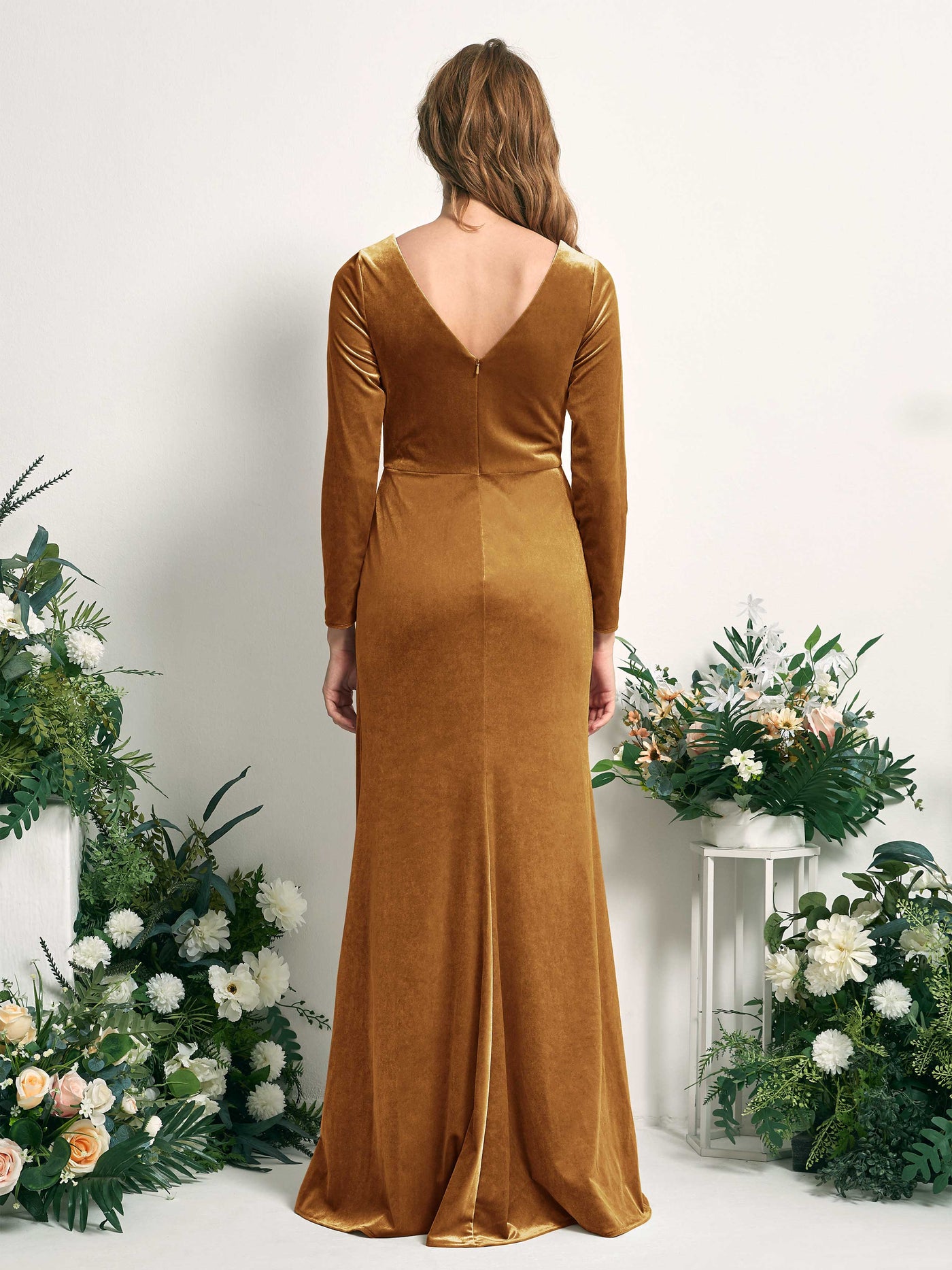 Carlyna Sirène Col V Manches Longues Robe Froncée Longueur Ras du Sol Or Bruni #couleur_or-bruni