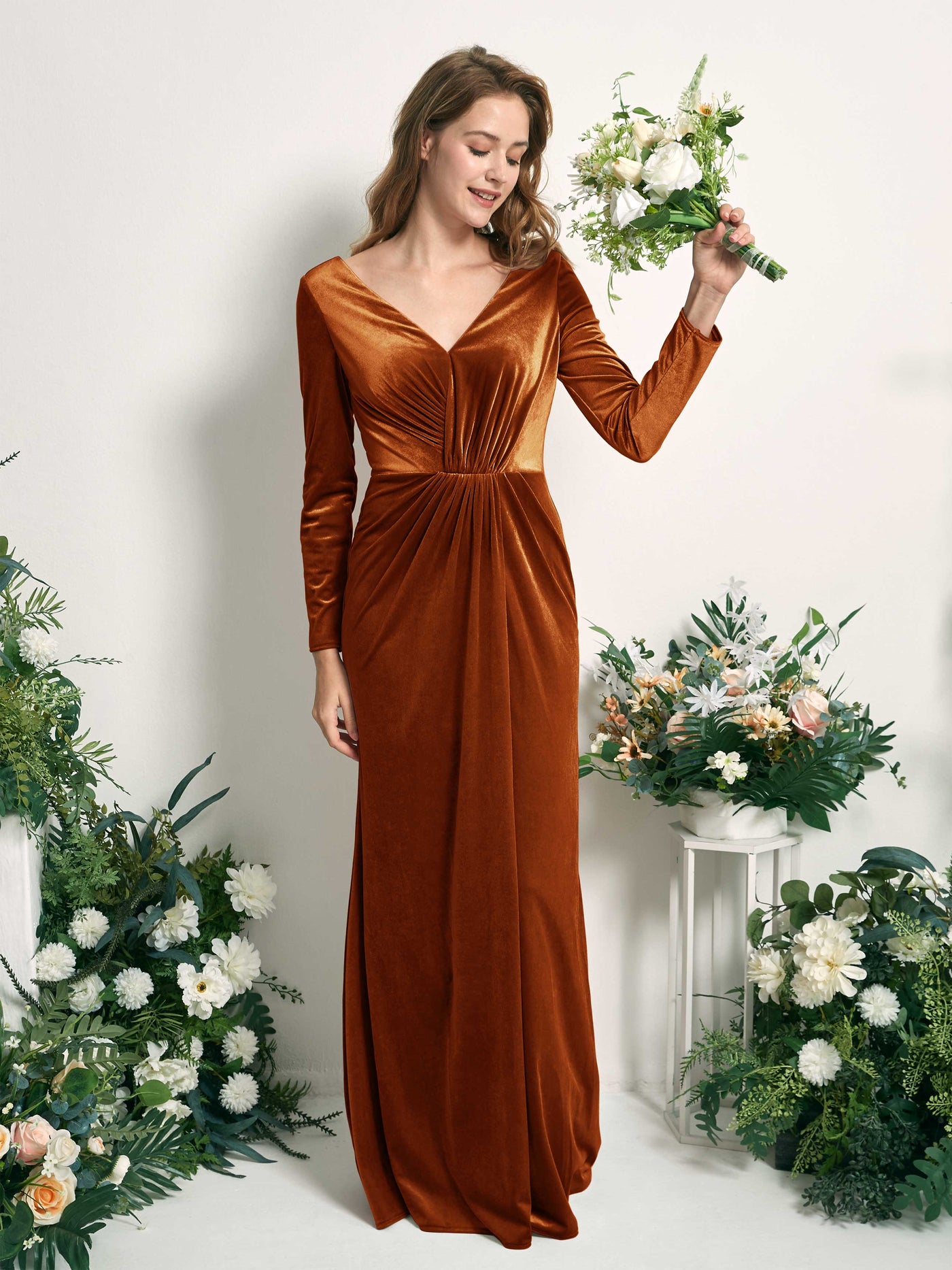 Carlyna Sirène Col V Manches Longues Robe Froncée Longueur Ras du Sol Orange Brûlé #couleur_orange-br-l