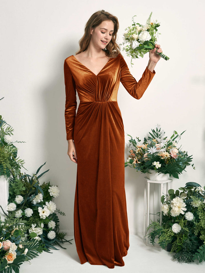 Carlyna Sirène Col V Manches Longues Robe Froncée Longueur Ras du Sol Orange Brûlé 