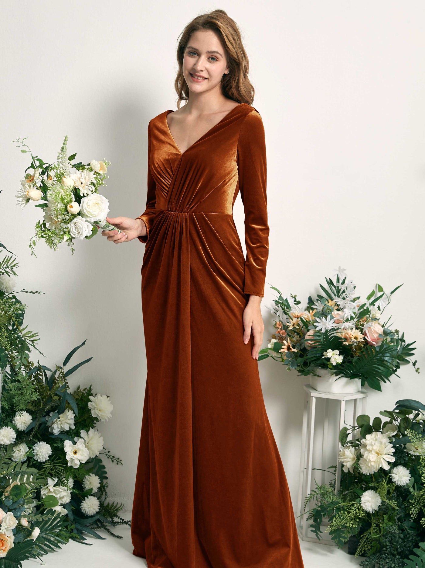 Carlyna Sirène Col V Manches Longues Robe Froncée Longueur Ras du Sol Orange Brûlé #couleur_orange-br-l