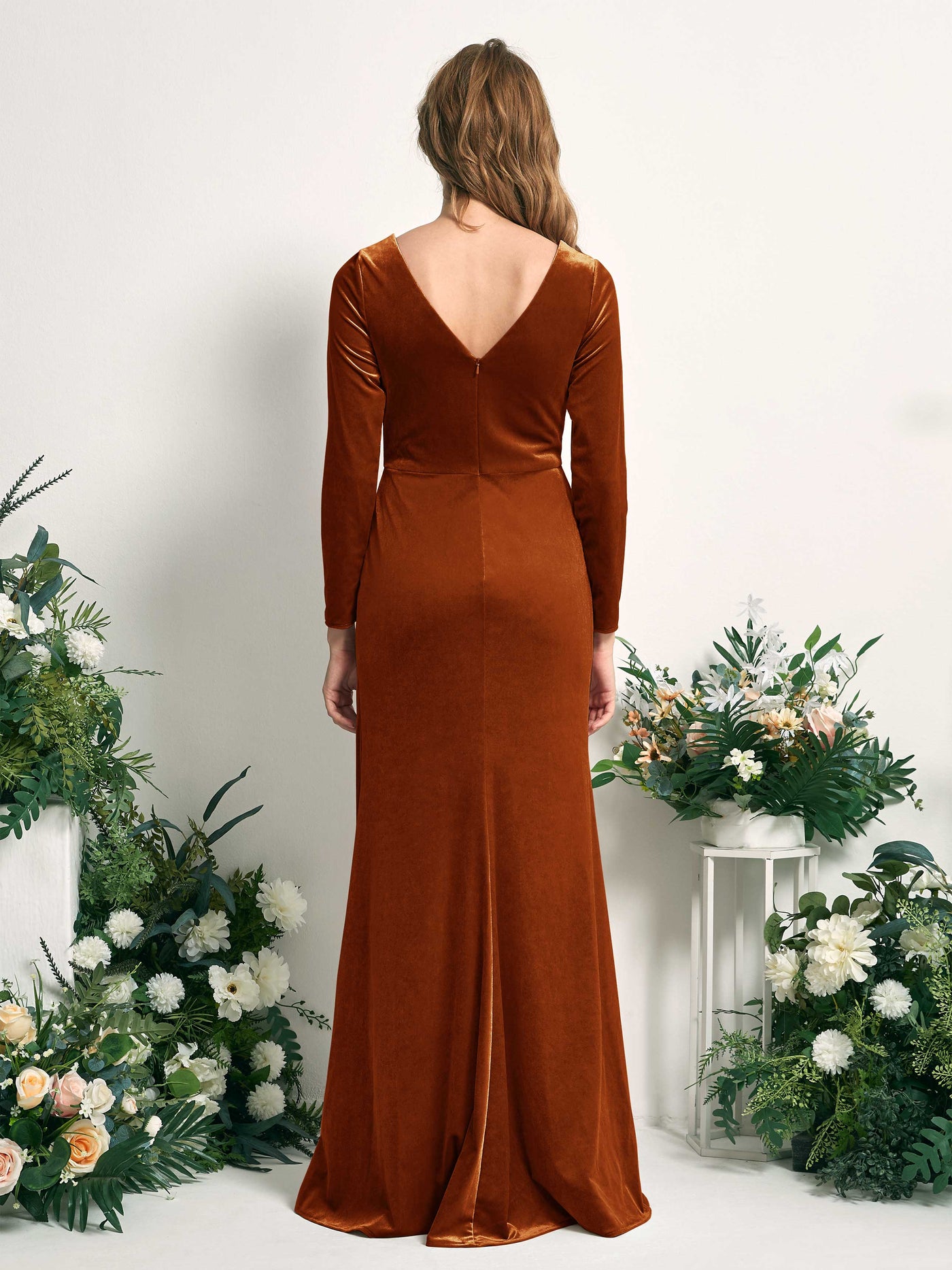 Carlyna Sirène Col V Manches Longues Robe Froncée Longueur Ras du Sol Orange Brûlé #couleur_orange-br-l