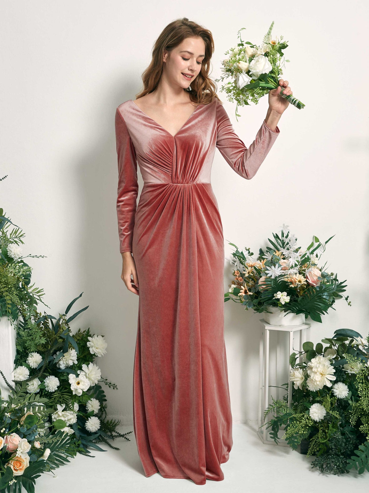 Carlyna Sirène Col V Manches Longues Robe Froncée Longueur Ras du Sol Rose Poussiéreux #couleur_rose-poussi-reux