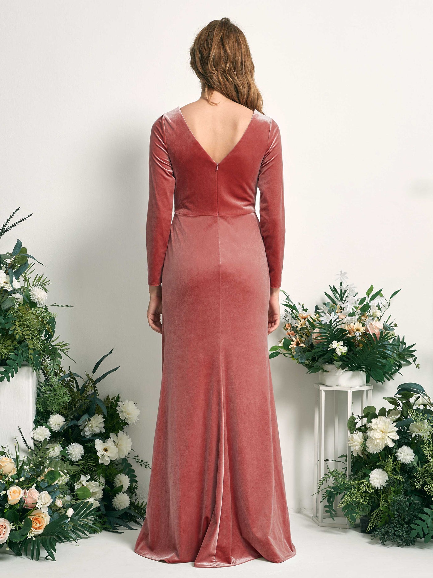 Carlyna Sirène Col V Manches Longues Robe Froncée Longueur Ras du Sol Rose Poussiéreux #couleur_rose-poussi-reux