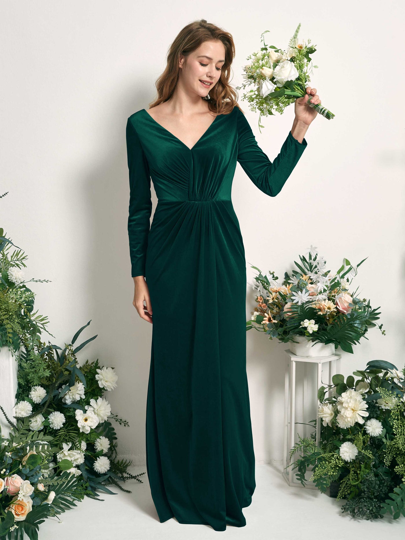 Carlyna Sirène Col V Manches Longues Robe Froncée Longueur Ras du Sol Vert Chasseur #couleur_vert-chasseur