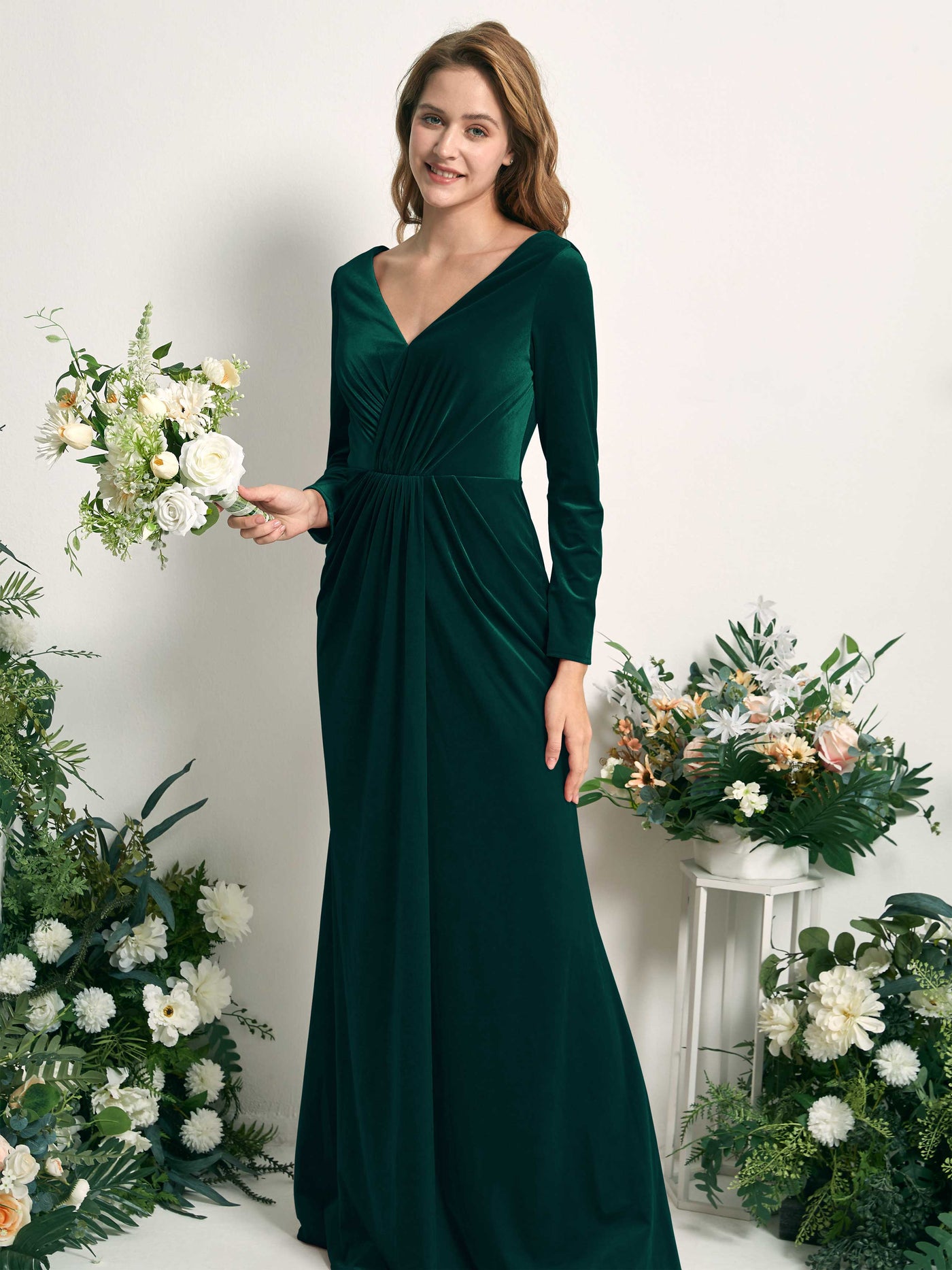 Carlyna Sirène Col V Manches Longues Robe Froncée Longueur Ras du Sol Vert Chasseur #couleur_vert-chasseur