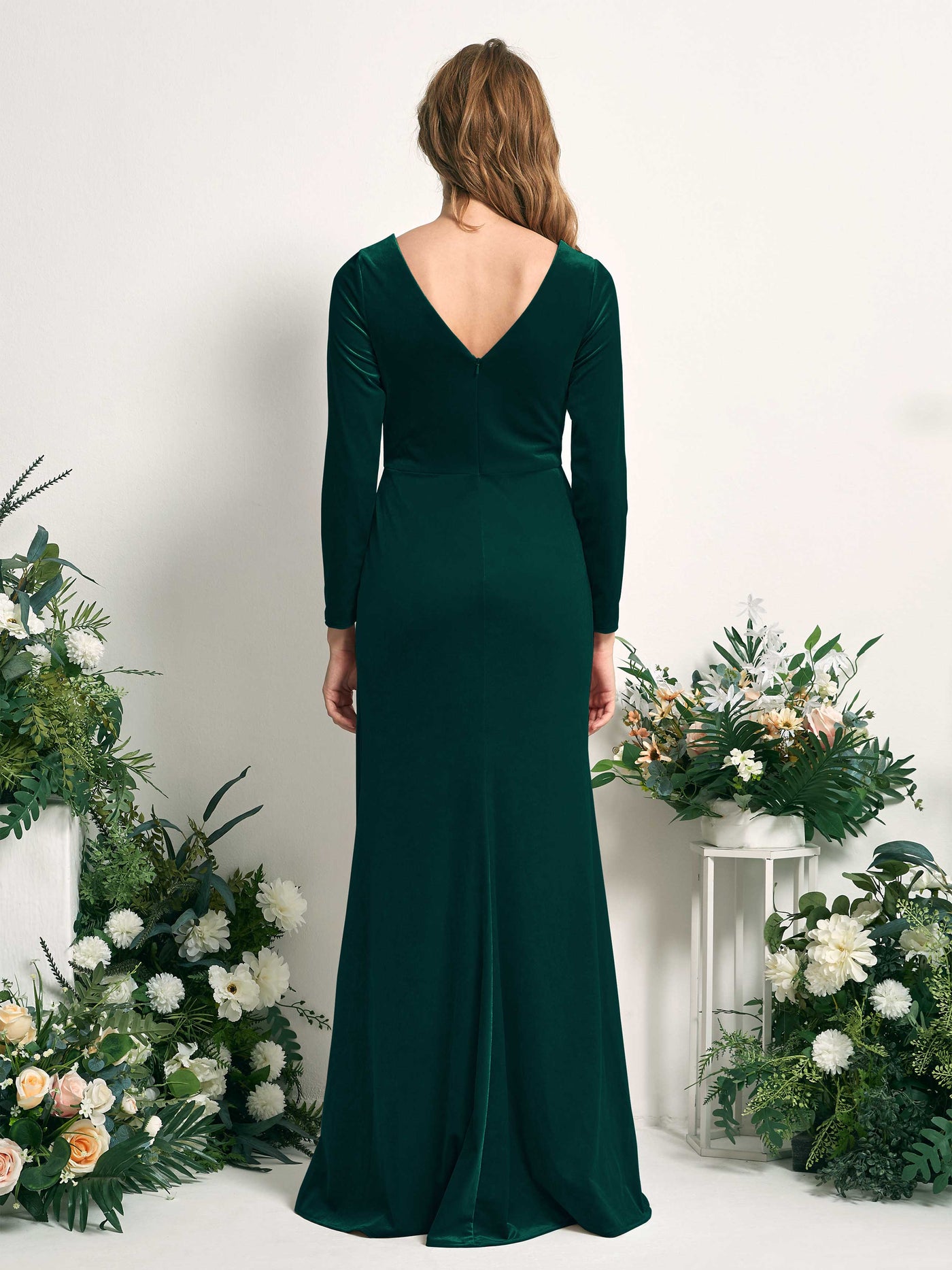 Carlyna Sirène Col V Manches Longues Robe Froncée Longueur Ras du Sol Vert Chasseur #couleur_vert-chasseur