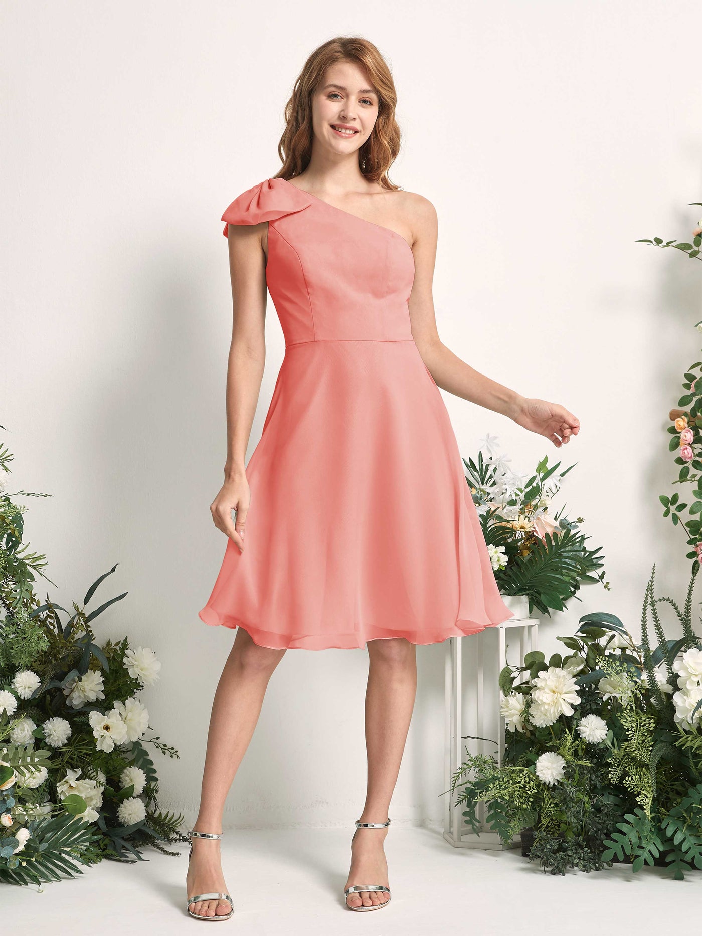 Carlyna Trapèze Décolleté Asymétrique Patineuse Robes de demoiselle d'honneur Rose Pêche #couleur_rose-p-che