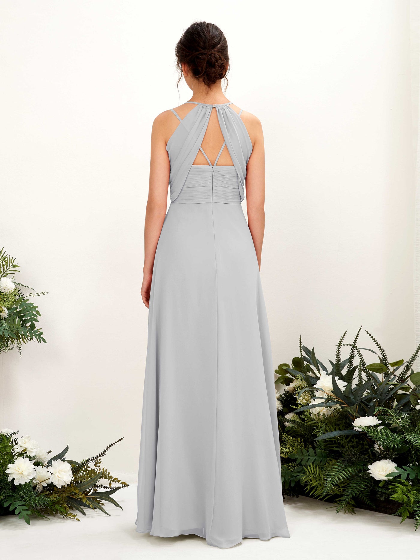 Carlyna Trapèze Longueur ras du sol Col V Licou Robes de demoiselle d'honneur Argent #couleur_argent