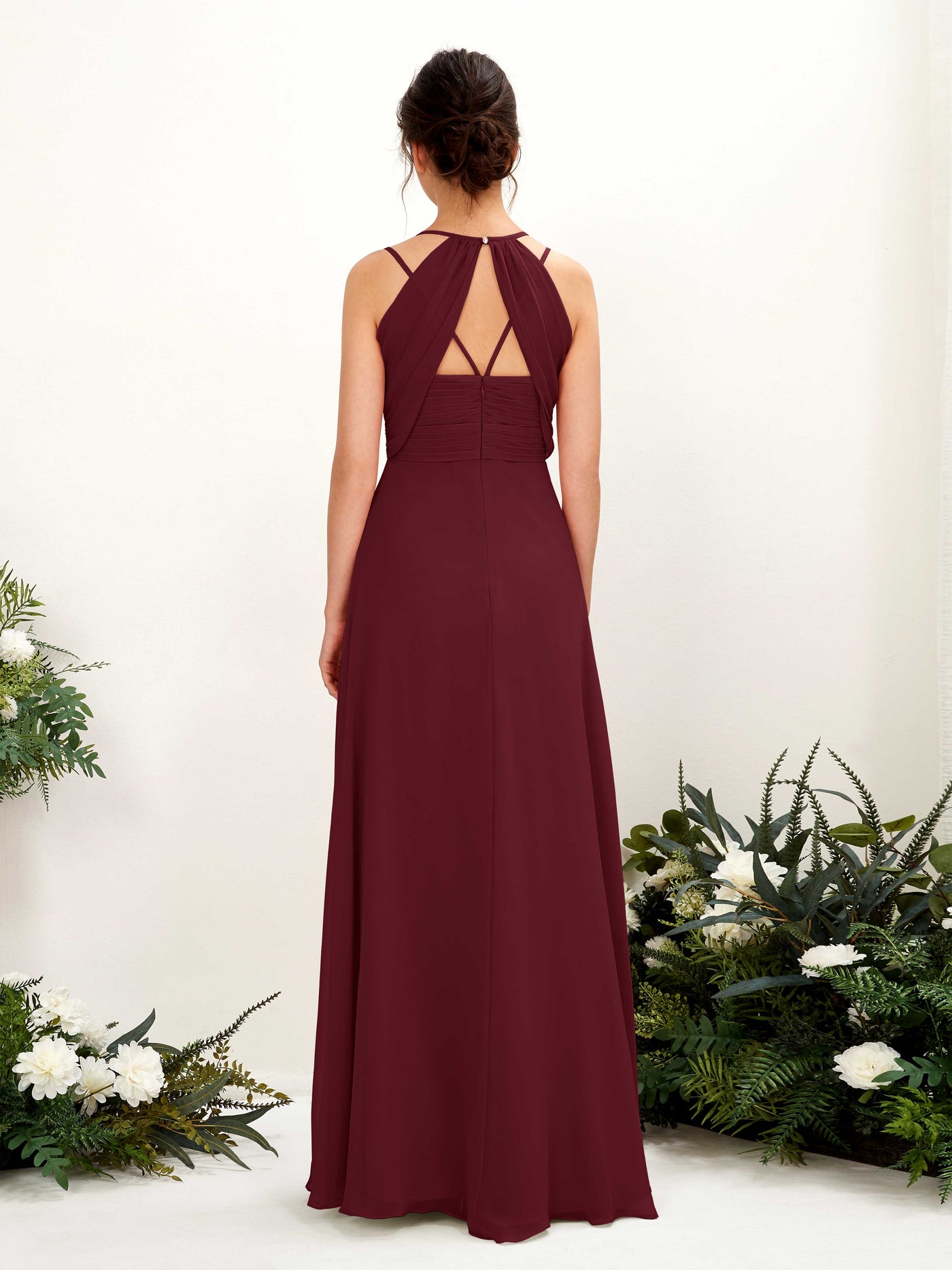 Carlyna Trapèze Longueur ras du sol Col V Licou Robes de demoiselle d'honneur Bordeaux #couleur_bordeaux