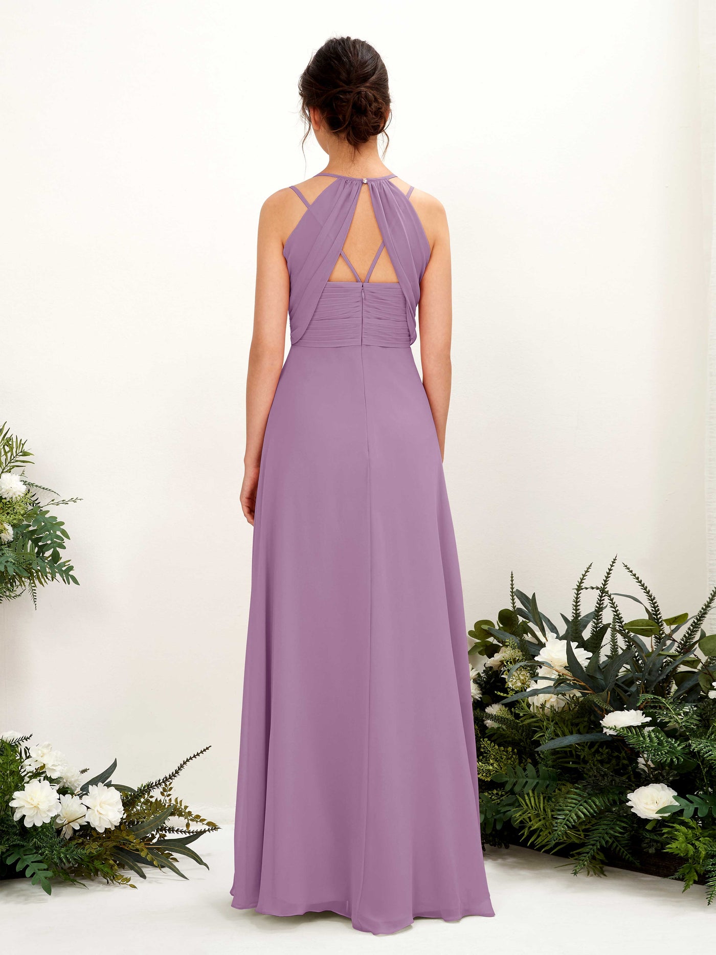 Carlyna Trapèze Longueur ras du sol Col V Licou Robes de demoiselle d'honneur Brume Orchidée #couleur_brume-orchid-e