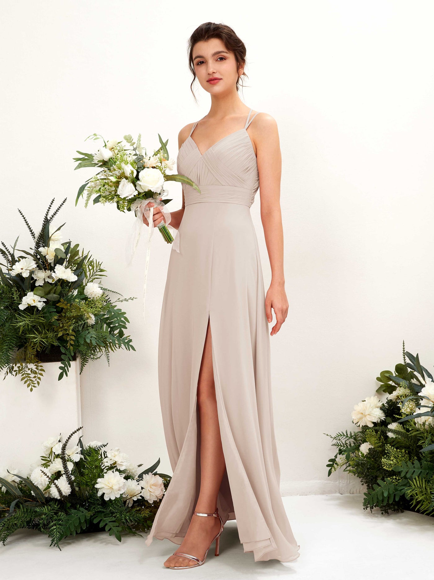 Carlyna Trapèze Longueur ras du sol Col V Licou Robes de demoiselle d'honneur Champagne #couleur_champagne