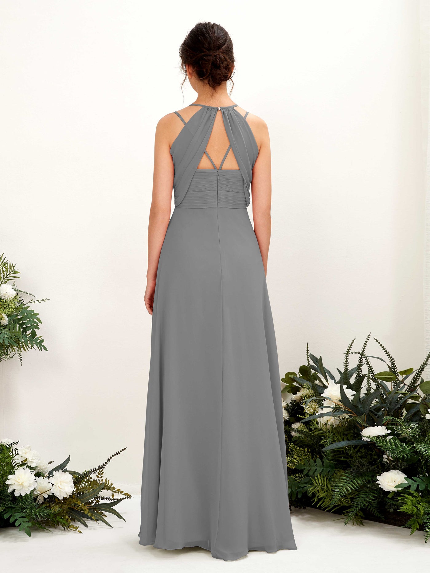 Carlyna Trapèze Longueur ras du sol Col V Licou Robes de demoiselle d'honneur Gris Acier #couleur_gris-acier