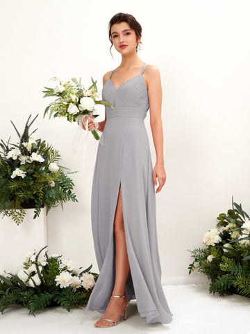 Carlyna Trapèze Longueur ras du sol Col V Licou Robes de demoiselle d'honneur Gris Boussole #couleur_gris-boussole